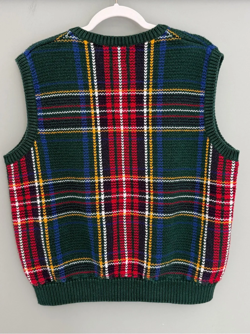 VTG 90s GAP Green Blue Red Holiday Tartan Plaid Knit Sweater Vest 100% Cotton
